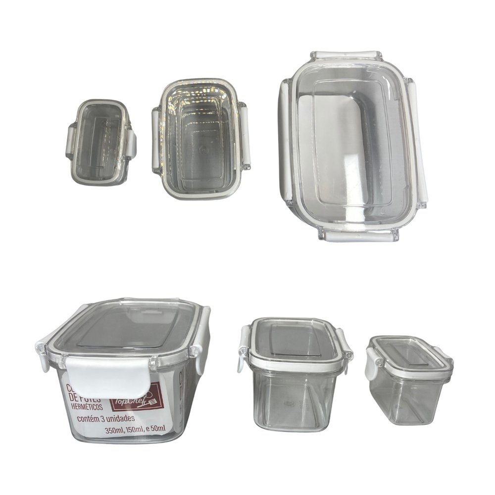 Conjunto 3 Pote Hermético Retangular Plástico Transparente Tampa Vedação Tamanho Pequeno Médio Grande - Imagem 3