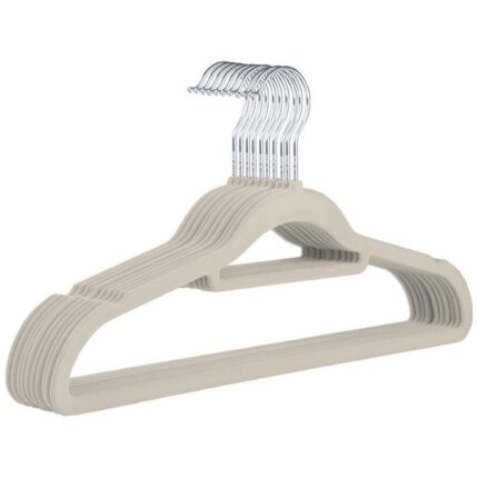 Kit 10 Unidades Cabide Slim de Veludo Bege Antideslizante para Roupas Delicadas