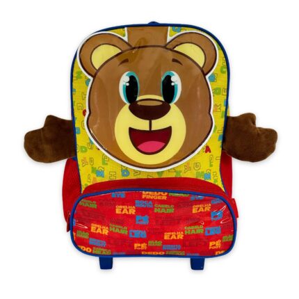 Mochila Infantil Escolar Ursinho com Rodinhas Amarela e Vermelha Resistente 16 Litros