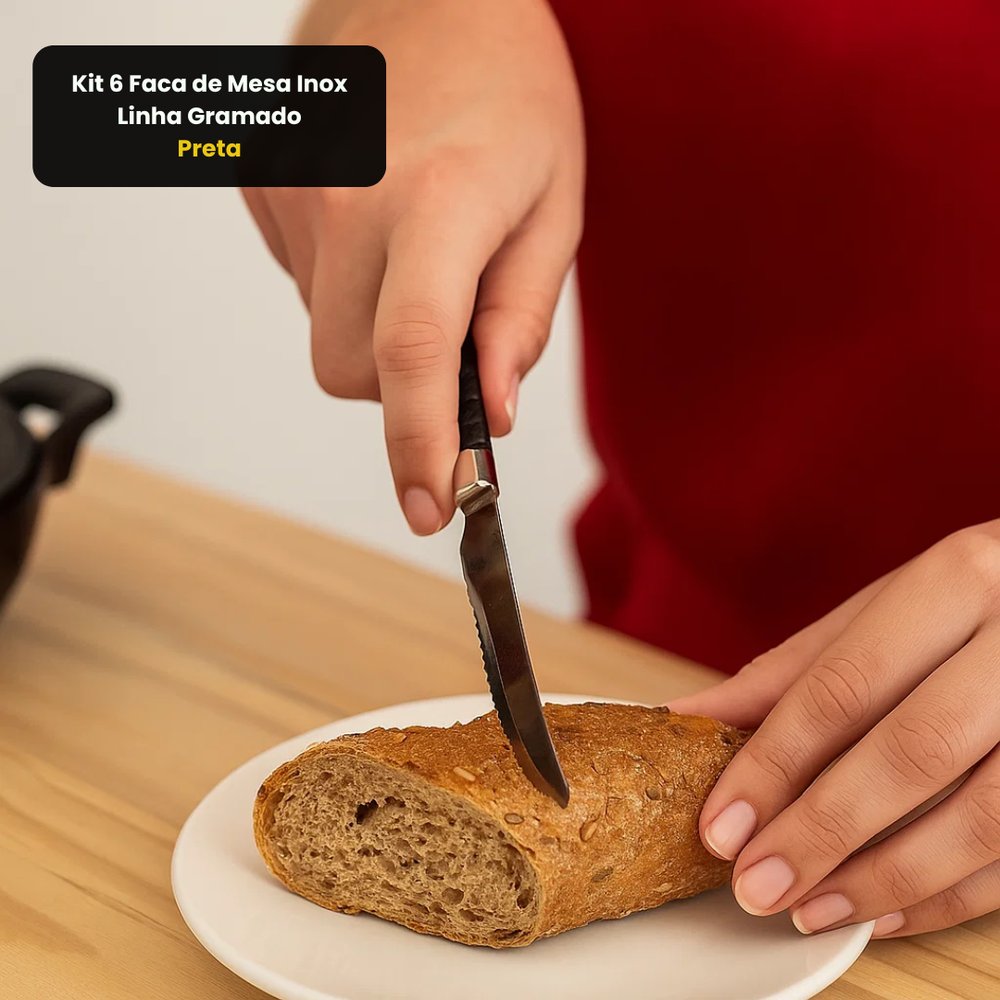 Kit 6 Facas de Mesa Inox Linha Gramado Cabo Preto Aço Inoxidável Faca Mesa Jantar - Imagem 6
