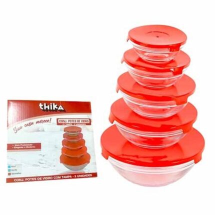 Conjunto 5 Potes de Vidro com Tampa Hermética Sortido Transparente e Colorido para Armazenamento