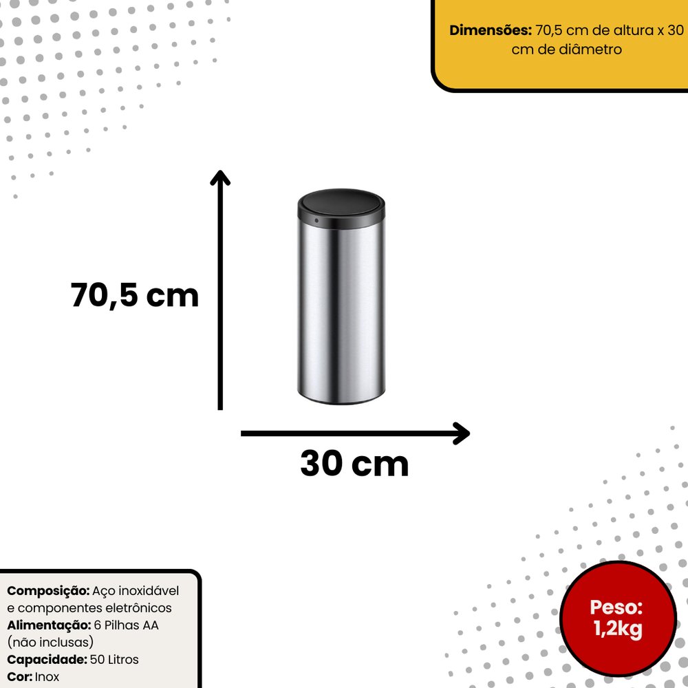 Lixeira Automática Redonda 50 Litros Aço Inox com Sensor de Movimento Alta Sensibilidade - Imagem 6