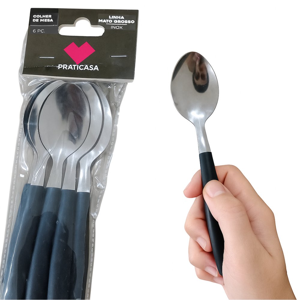 Kit 6 Colheres de Mesa Inox Linha Mato Grosso Cabo Preto 20cm Mesa Jantar - Imagem 2