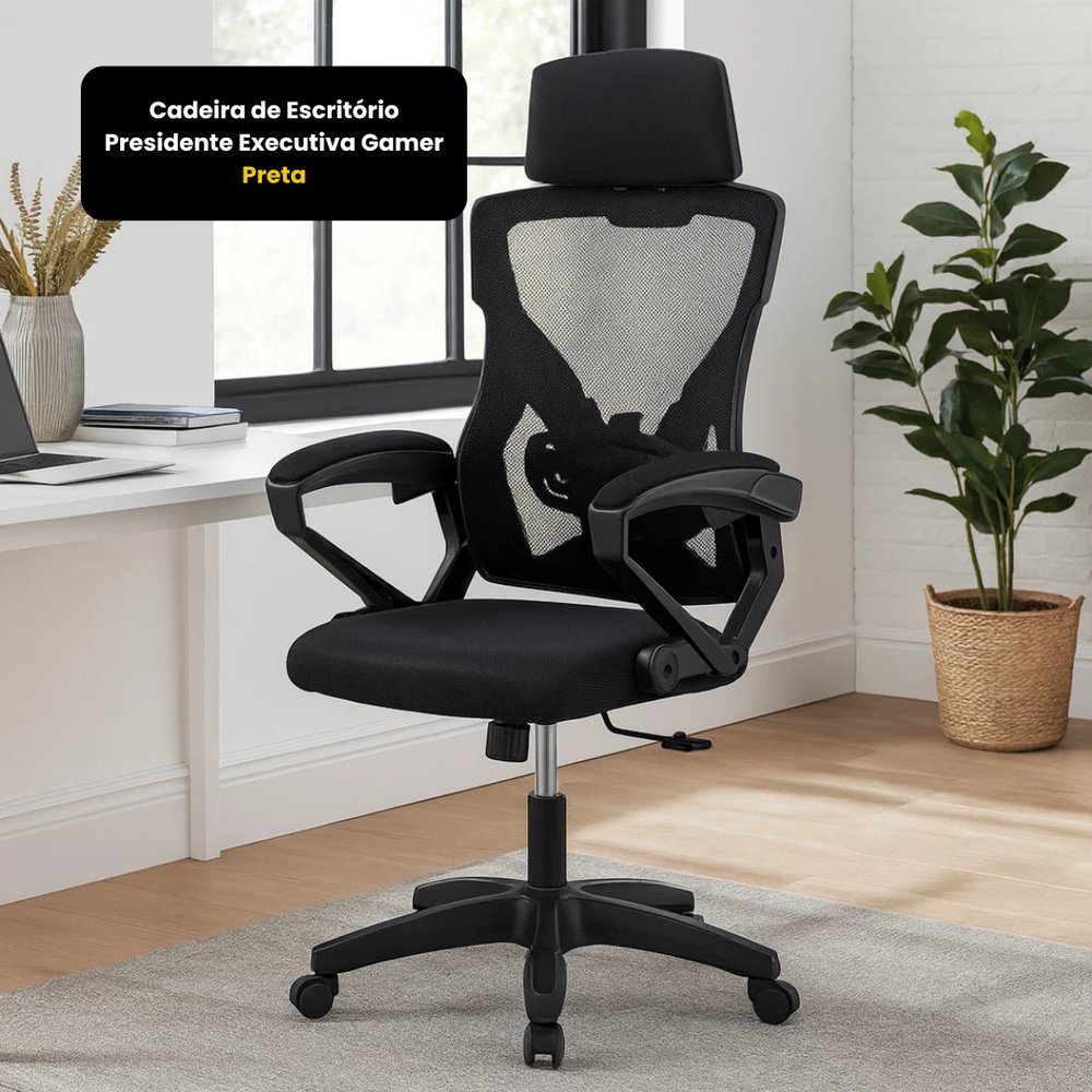 Cadeira de Escritório Presidente Executiva Gamer Preta Reclinável com Apoio Lumbar e Braço Ajustável - Imagem 9