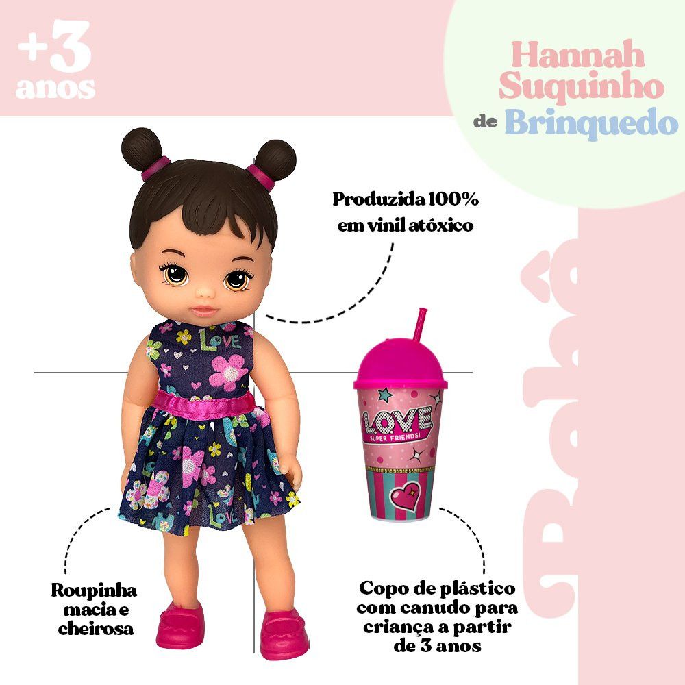 Boneca Hannah Suquinho com Copo 30cm Corpo Macio Roupas Coloridas Acessórios Inclusos - Imagem 7