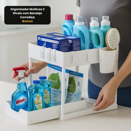 Organizador Multiuso 2 Níveis com Bandeja Corrediça Branca Plástico Resistente Espaçoso