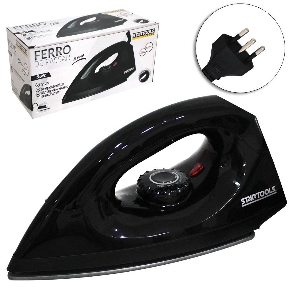 Ferro de Passar a Seco Soft 220V Preto Antiaderente Leve e Compacto Econômico
