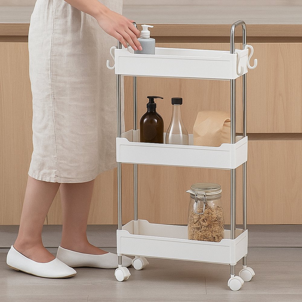 Prateleira Multiuso 3 Andares com Rodinhas Branco 80x40x90cm Organizador Espaçoso Durável - Imagem 2