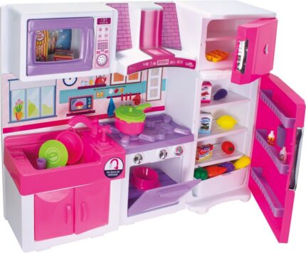 Conjunto Cozinha Completo Rosa com Fogão 4 Bocas, Geladeira, Pia Inox, Micro-ondas e Armário Organizador