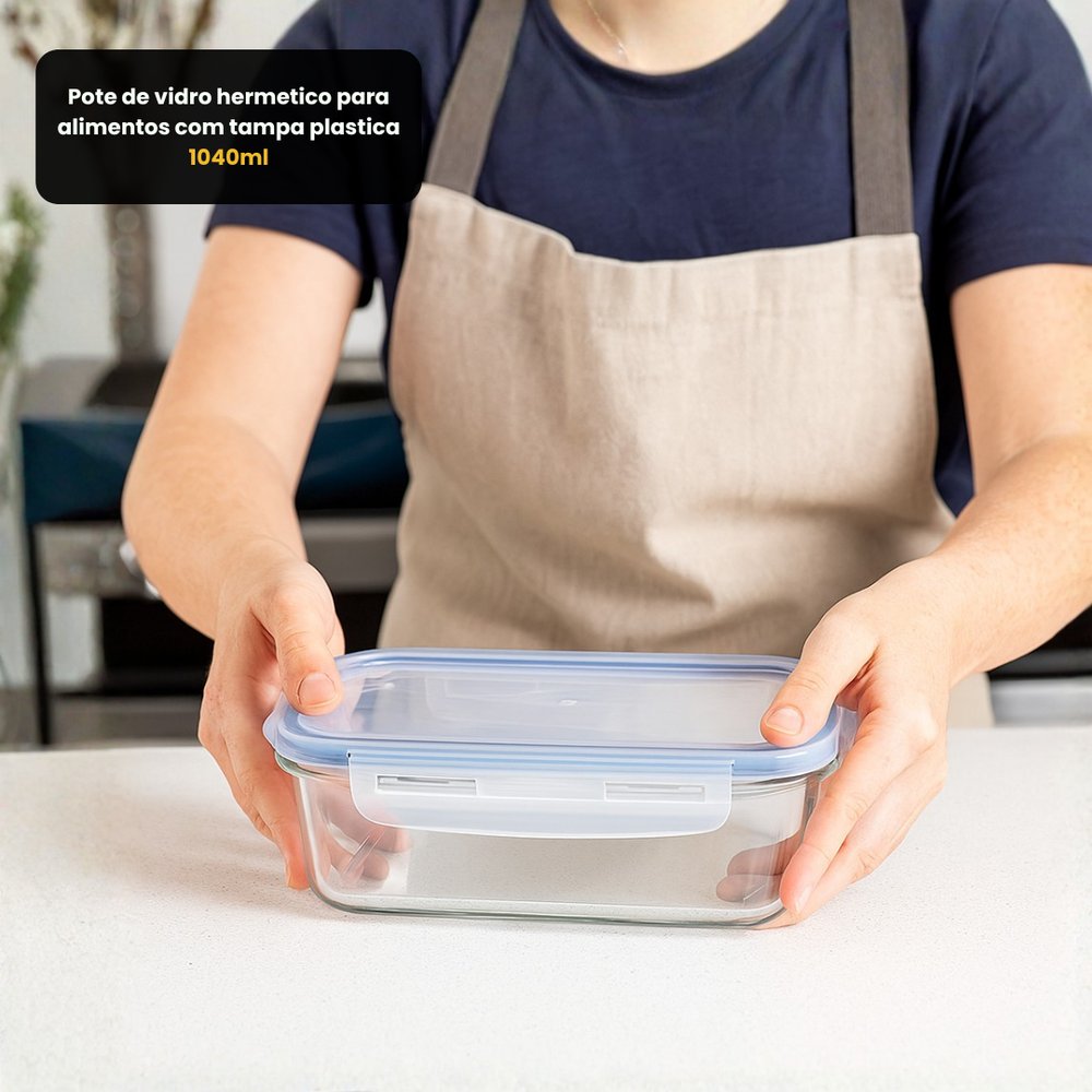 Pote de Vidro Hermético para Alimentos 1040ml Tampa Plástica Transparente Vedação Alta - Imagem 5