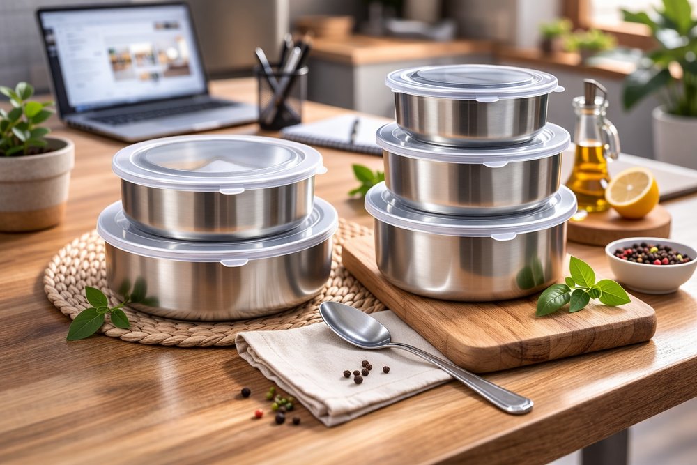 Conjunto 5 Potes Herméticos Redondos com Tampa - Inox - Imagem 2