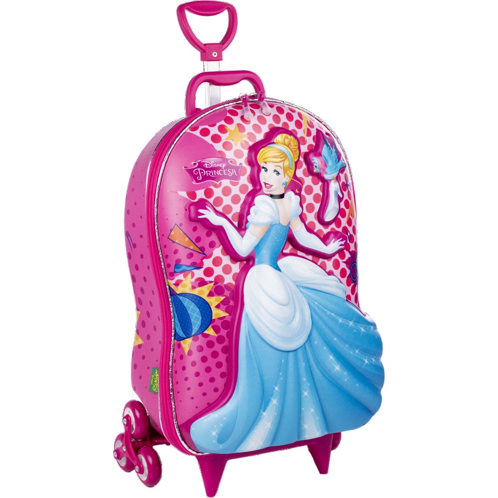Mala Infantil Princesa Cinderela 3D com Rodinhas Rosa - Resistente, Leve, Tamanho Médio para Viagem - Imagem 3