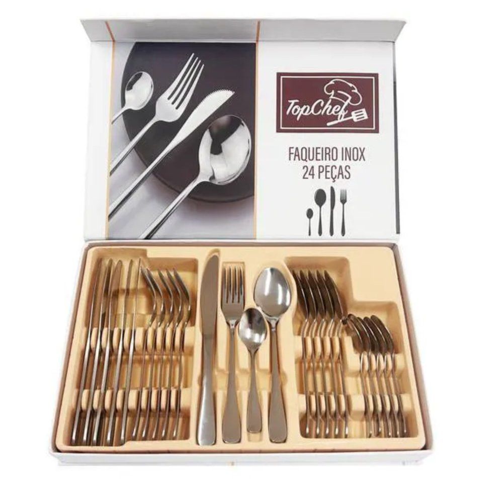 Jogo de Faqueiro 24 Peças Inox Aço Inox Kit Talheres Completo Mesa - Imagem 6