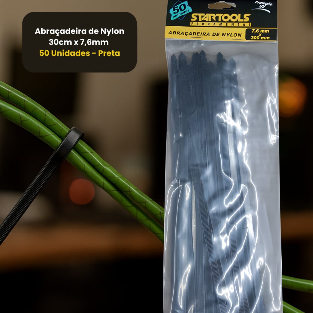 Abraçadeira de Nylon 30cm x 7,6mm 50 Unidades Preta Durable para Fixação e Organização