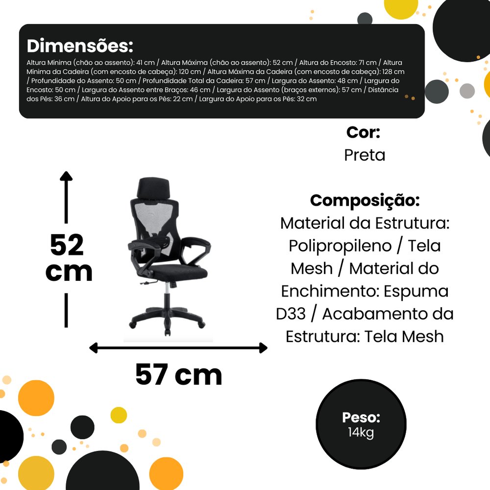 Cadeira de Escritório Presidente Executiva Gamer Preta Reclinável com Apoio Lumbar e Braço Ajustável - Imagem 8