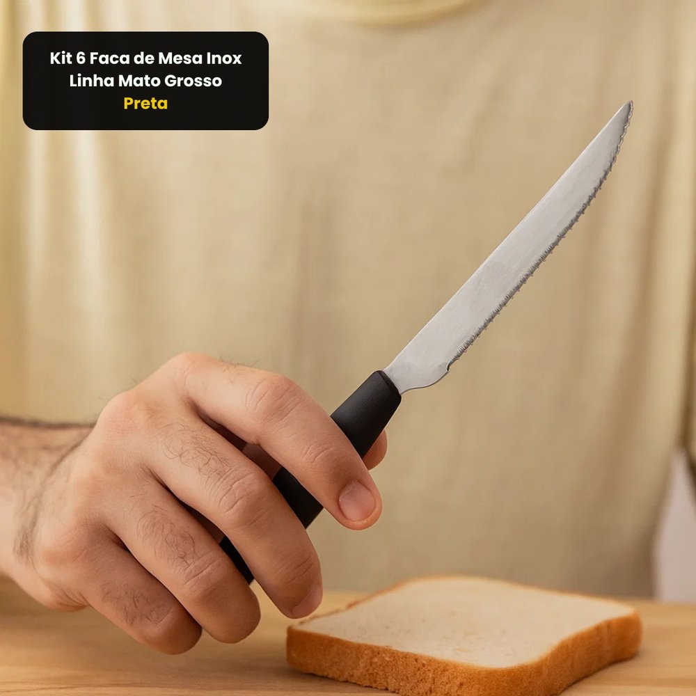 Kit 6 Facas de Mesa Inox Linha Mato Grosso Cabo Preto Corte Preciso Durável - Imagem 5