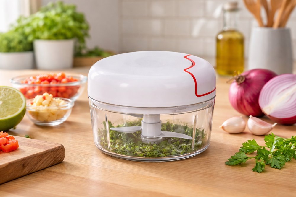 Mini Processador De Alimentos Manual Com 2 Lâminas Corda Retrátil - Imagem 2