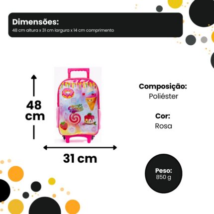 Mochila de Rodinhas Infantil Sweeties Rosa 16" Escolar Escolaridade Leve Resistente