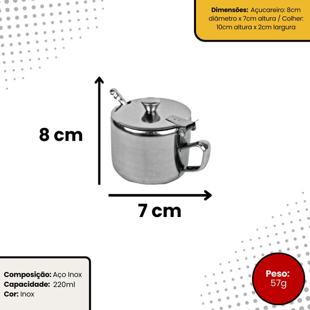 Açucareiro de Aço Inox 220ml com Colher Tamper para Café e Mesa - Imagem 5