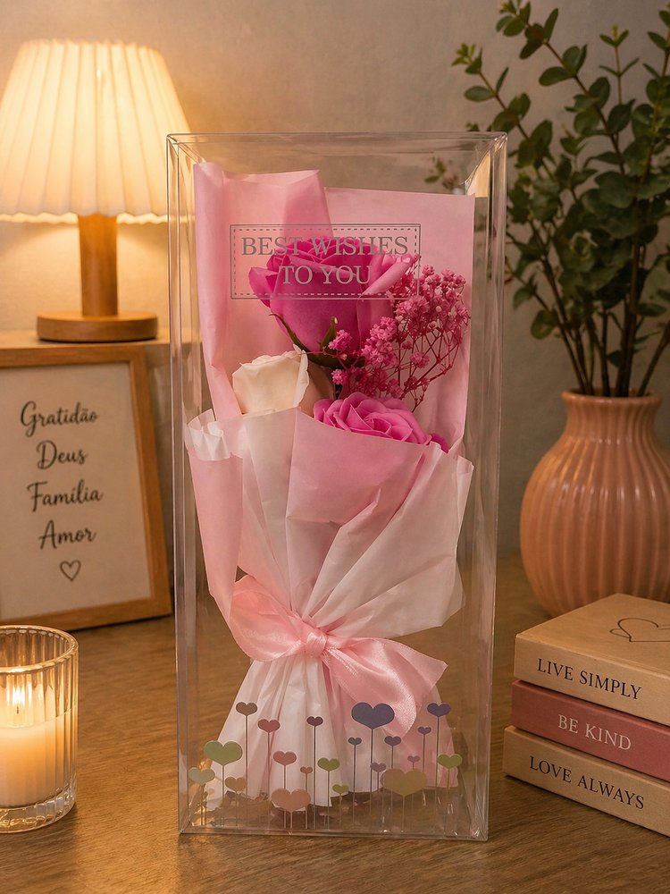 Buquê Decorativo Rosa Com Caixa Transparente - Rosa - Imagem 2