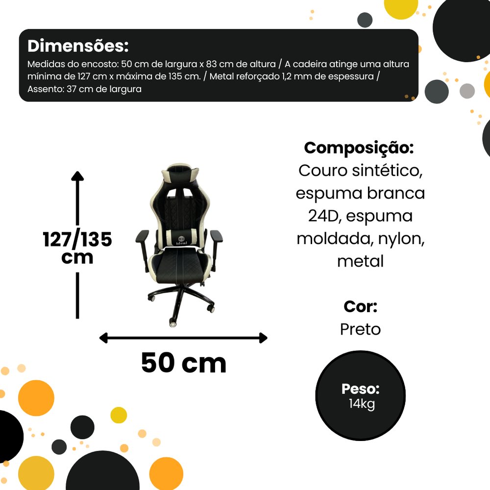Cadeira Gamer Ergonômica Preta com Ajuste de Altura, Apoio Cervical e Braços 4D, Suporta Até 150kg - Imagem 9