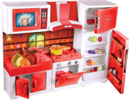 Cozinha de Brinquedo Completa Vermelha com Geladeira, Armário, Fogão e Coifa Infantil