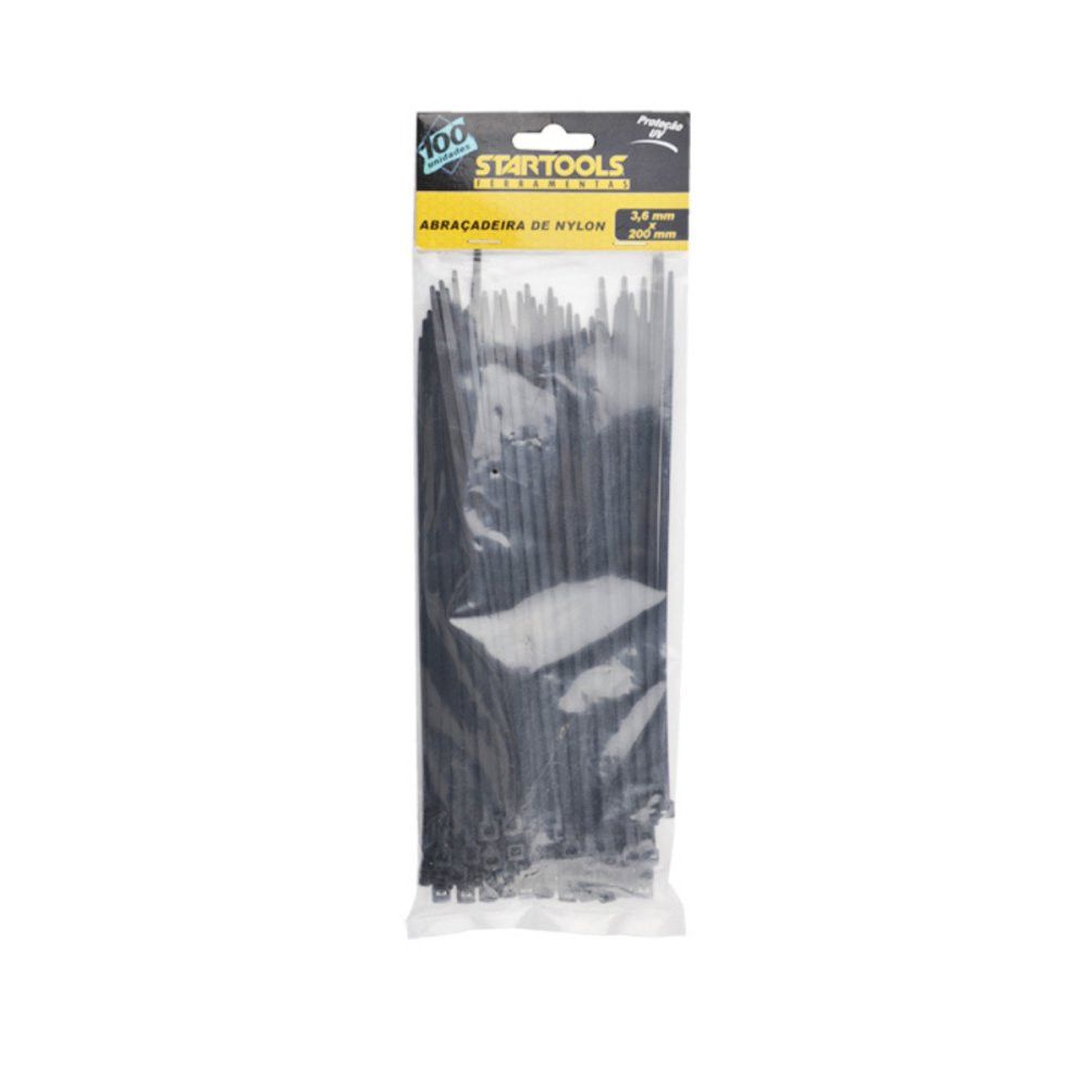 Abraçadeira de Nylon 20cm x 3,6mm 100 Unidades Preta Resistência Alta Fixação Organizador Cabo