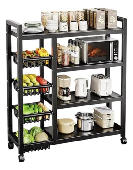Suporte de Micro-ondas com Fruteira de Chão Preto Fusco Metal e Madeira 3 Níveis Organizador Cozinha