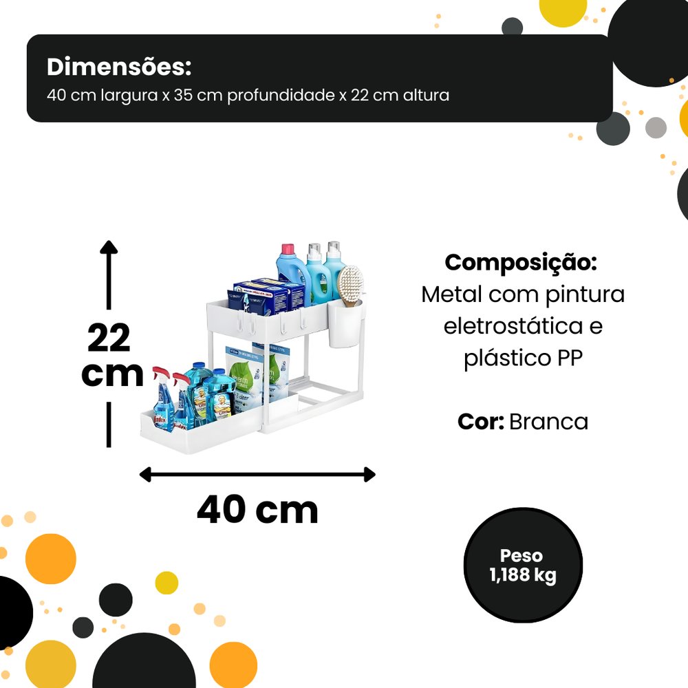 Organizador Multiuso 2 Níveis com Bandeja Corrediça Branca Plástico Resistente Espaçoso - Imagem 3
