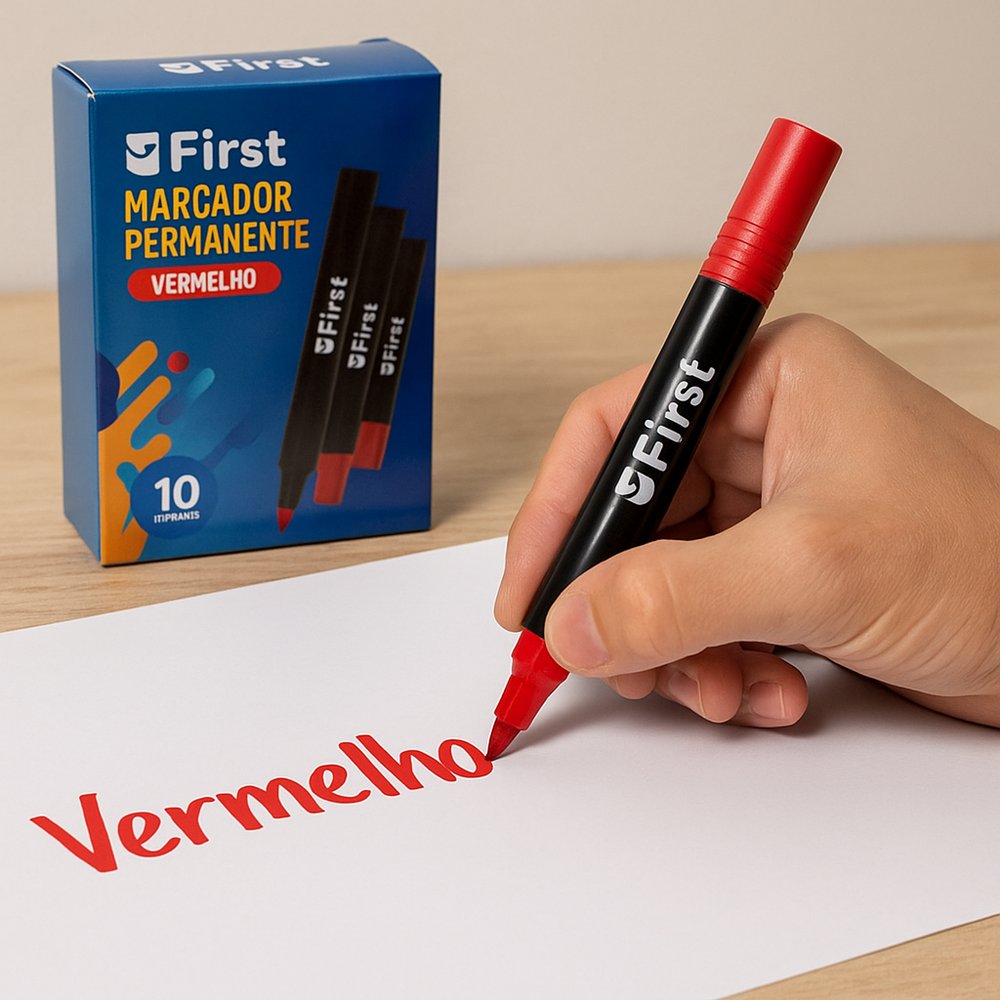 Kit 10 Marcadores Permanentes Vermelho Ponta Fina Rápida Secagem para Escritório e Escola - Imagem 5
