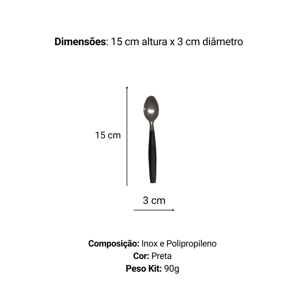 Kit 6 Colher de Chá Inox Linha Mato Grosso Preta Aço Inoxidável Resistente 15cm - Imagem 3