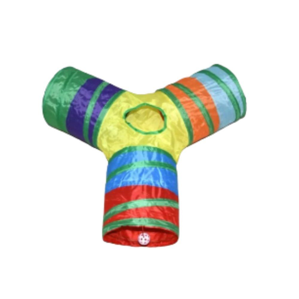 Túnel Colorido para Gatos em Y com 3 Saídas, Material Resistente e Dobrável para Brincar e Esconder