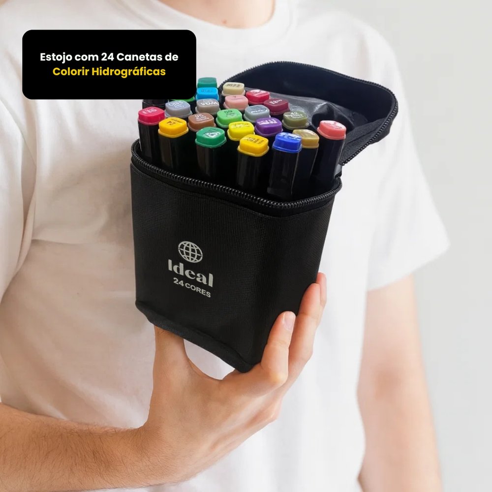 Estojo com 24 Canetas de Colorir Hidrográficas Multicolorido Estojo Portátil Tinta à Base de Água - Imagem 3
