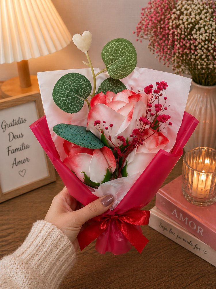 Buquê Decorativo Com Rosa Artificial 24cm - Vermelha