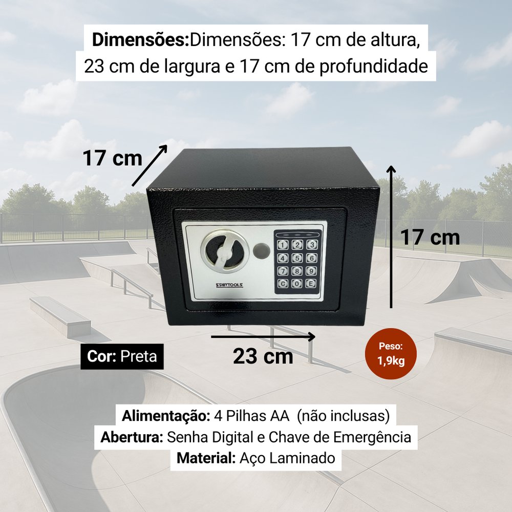 Cofre Digital Eletrônico com Teclado e Chave Preto 20x15x15cm Segredo Seguro Residencial e Escritório - Imagem 4