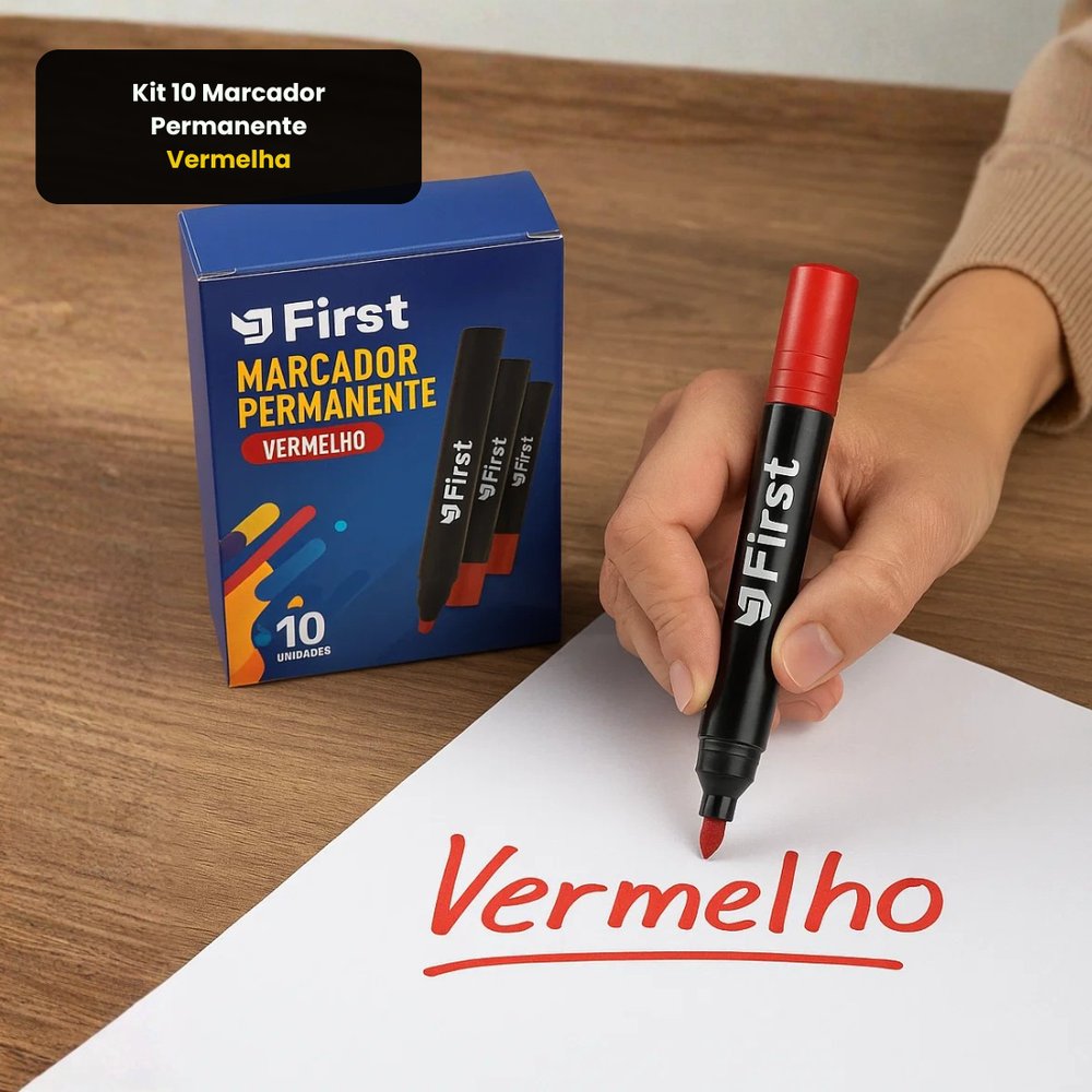 Kit 10 Marcadores Permanentes Vermelho Ponta Fina Rápida Secagem para Escritório e Escola - Imagem 3