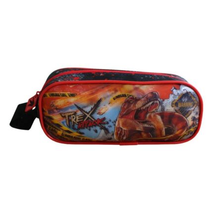 Estojo Escolar T-Rex Attack Preto e Vermelho com Compartimentos para Lápis e Canetas Grande 25cm