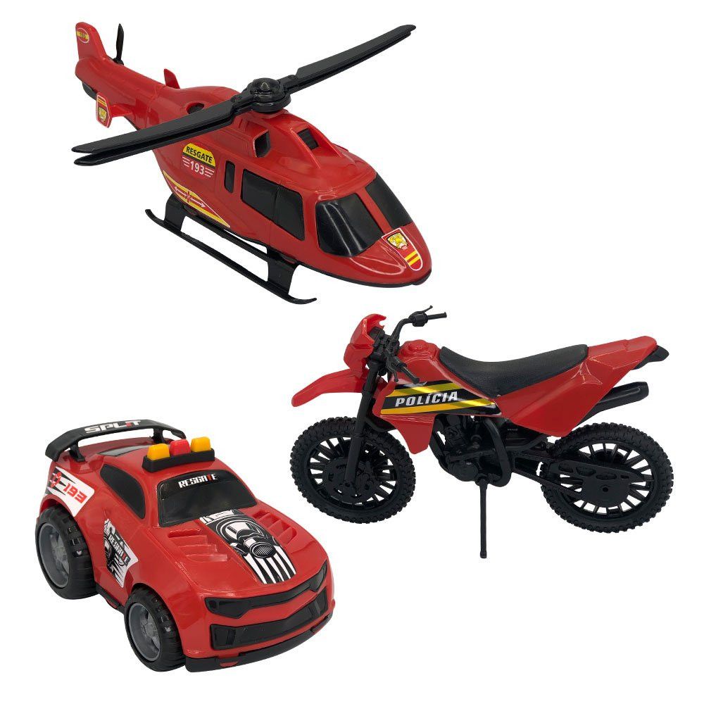 Kit Brinquedos Polícia Triplo BS com Carro, Moto e Helicóptero Vermelho Infantil - Imagem 4