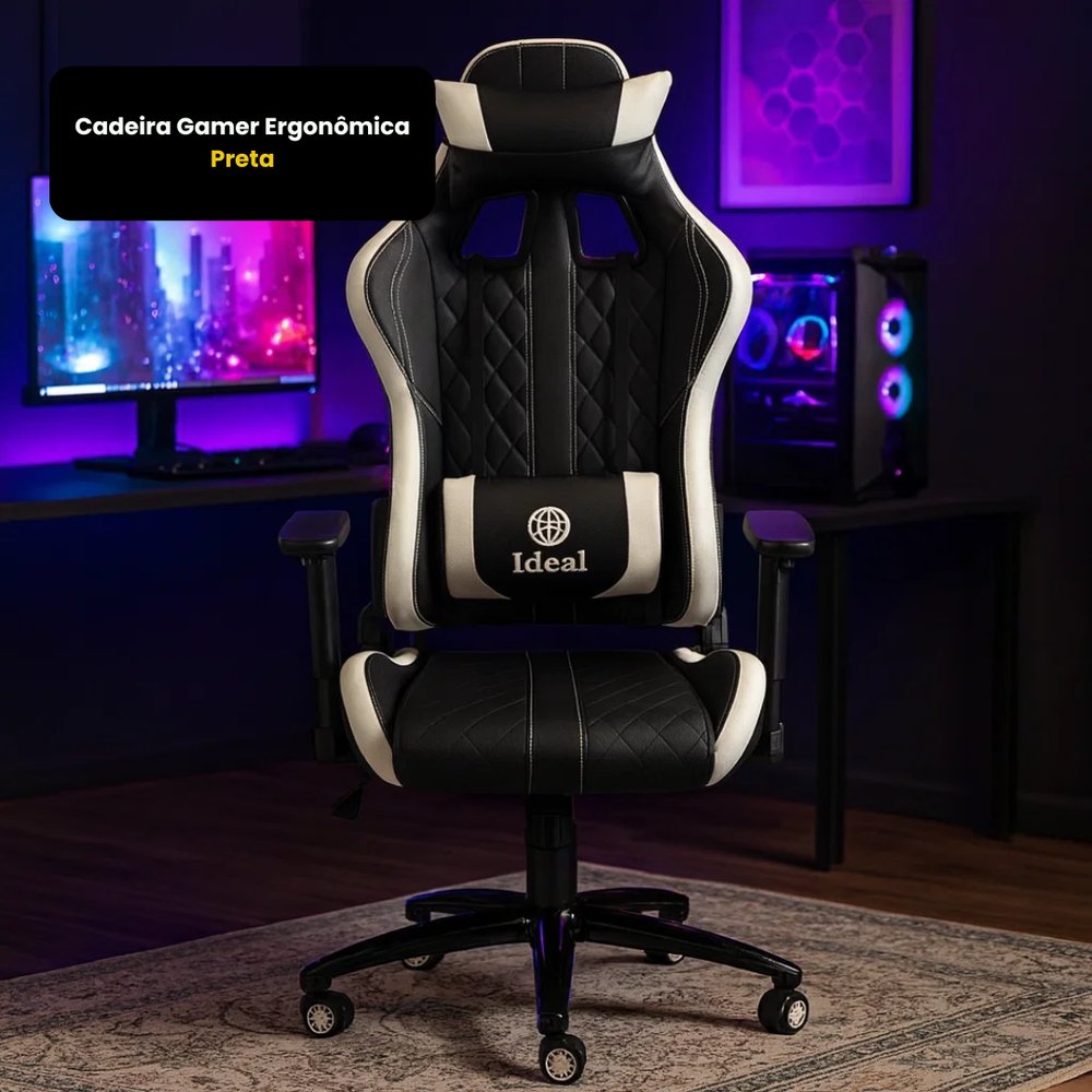 Cadeira Gamer Ergonômica Preta com Ajuste de Altura, Apoio Cervical e Braços 4D, Suporta Até 150kg - Imagem 10