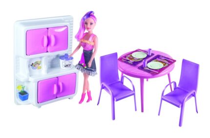 Kit Copa de Cozinha Boneca Rosa 5 Peças Panela, Pano de Prato, Avental e Luva Tecido Algodão