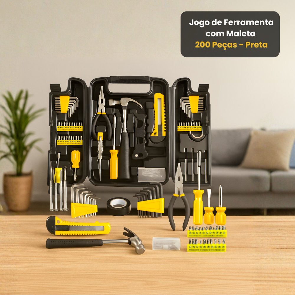 Jogo de Ferramenta com Maleta 200 Peças Kit Completo Profissional Aço Carbono Preto - Imagem 3