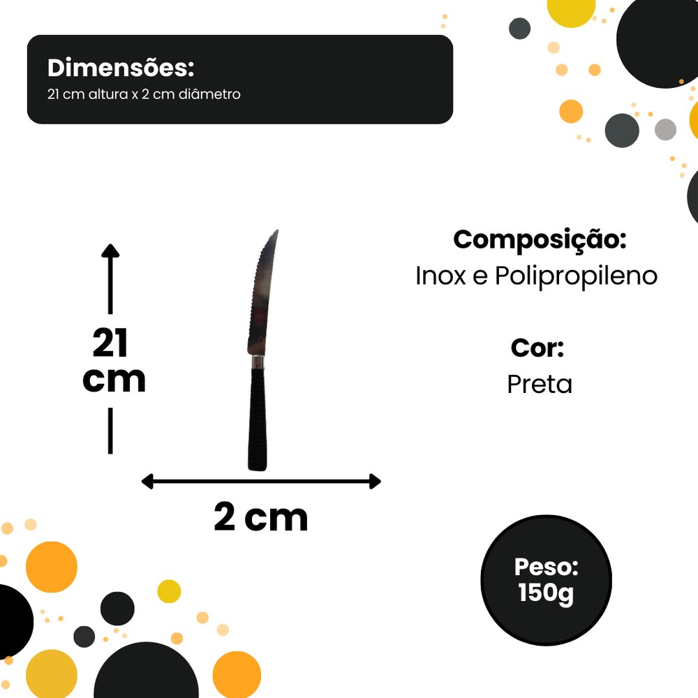 Kit 6 Facas de Mesa Inox Linha Gramado Cabo Preto Aço Inoxidável Faca Mesa Jantar - Imagem 2