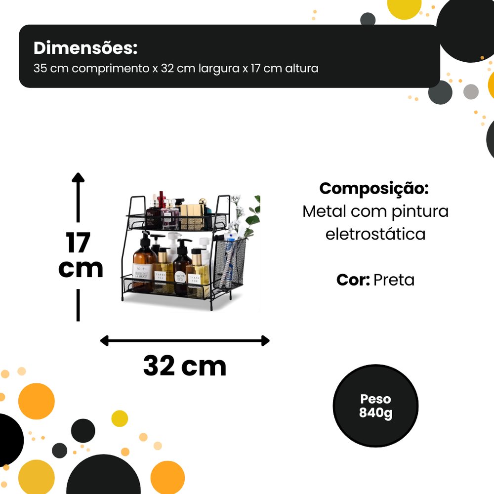 Organizador Multiuso 2 Andares Aramado Preto com Suporte Resistente para Cozinha Escritório Banheiro - Imagem 2