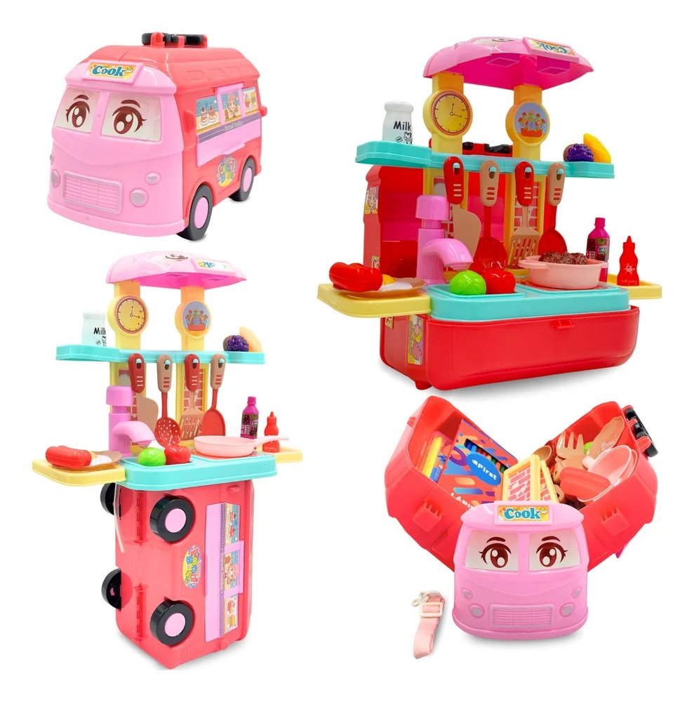 Brinquedo Conjunto Cozinha de Plástico Com Acessórios Maleta ônibus e Food truck - Imagem 3