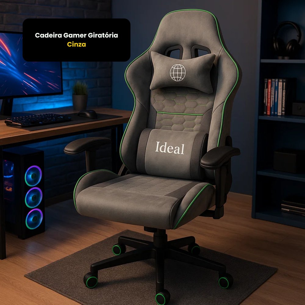 Cadeira Gamer Giratória Cinza com Ajuste de Altura e Encosto Reclinável Confortável - Imagem 4