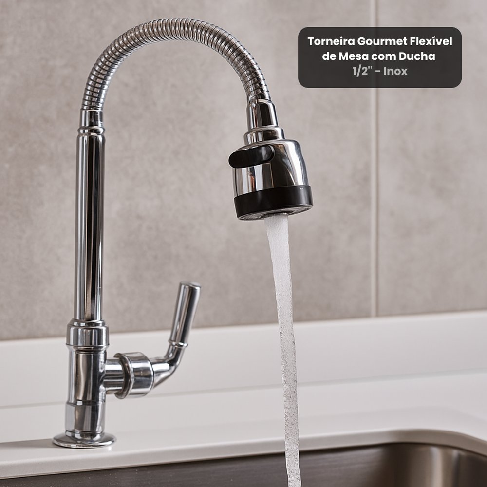Torneira Gourmet Flexível para Mesa com Ducha Inox 1/2'' Cozinha Alta Qualidade - Imagem 4