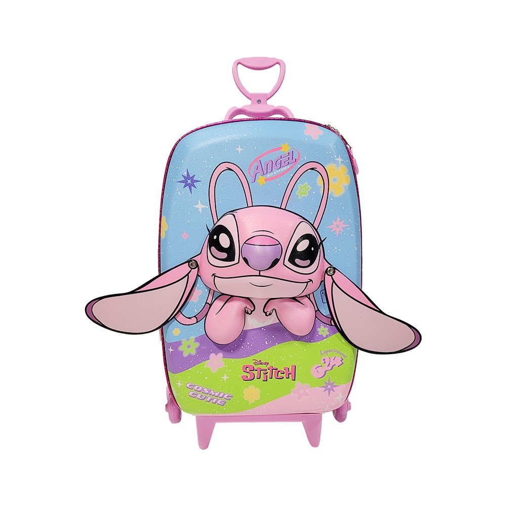 Mala Infantil Angel Stitch 3D com Rodinhas Azul Resistente Viagem Escolar Infantil Pequena - Imagem 2