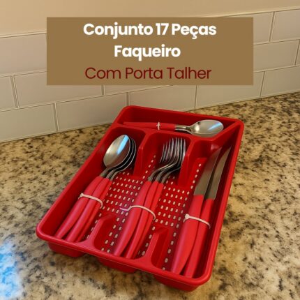 Conjunto Faqueiro 17 Peças Aço Inoxidável Vermelha Porta Talher Organizador