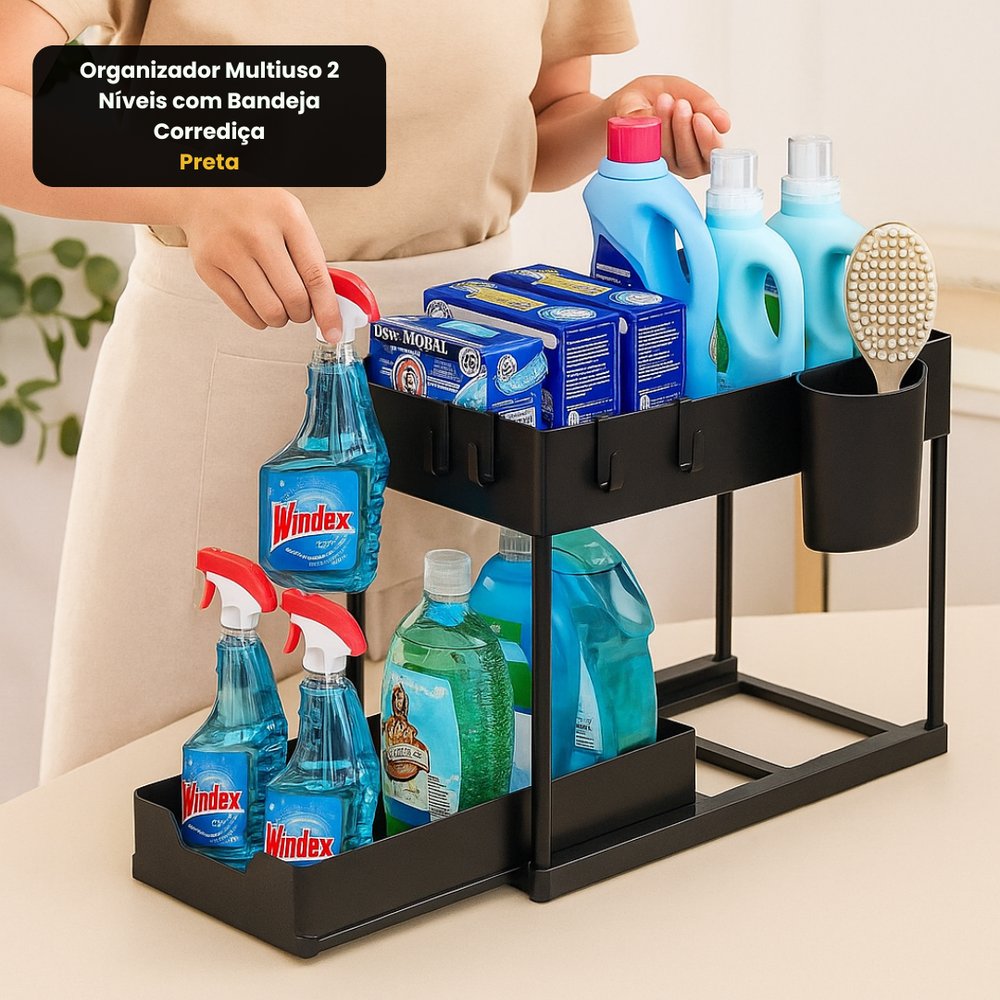 Organizador Multiuso 2 Níveis com Bandeja Corrediça Preto para Cozinha Escritório Banheiro - Imagem 6