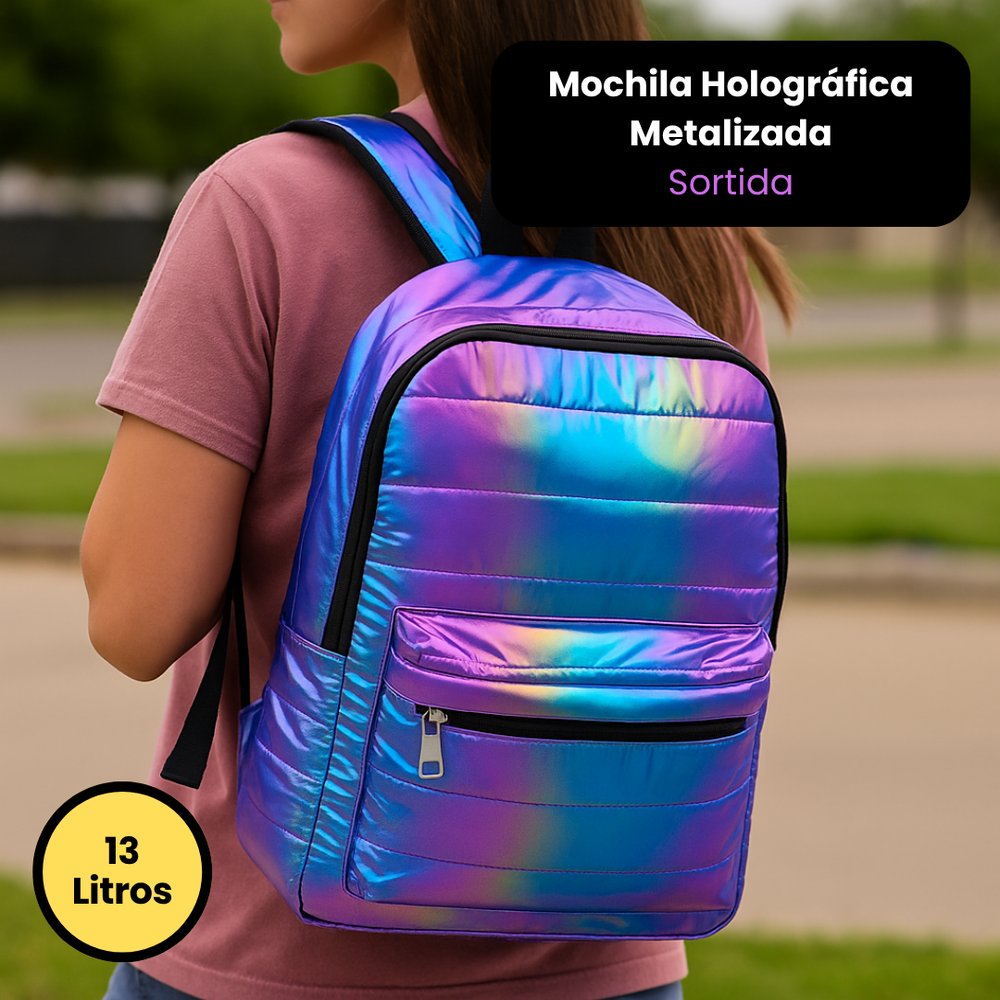 Mochila Holográfica Metalizada Sortida PVC Resistente Escolar Universitária 16L - Imagem 6